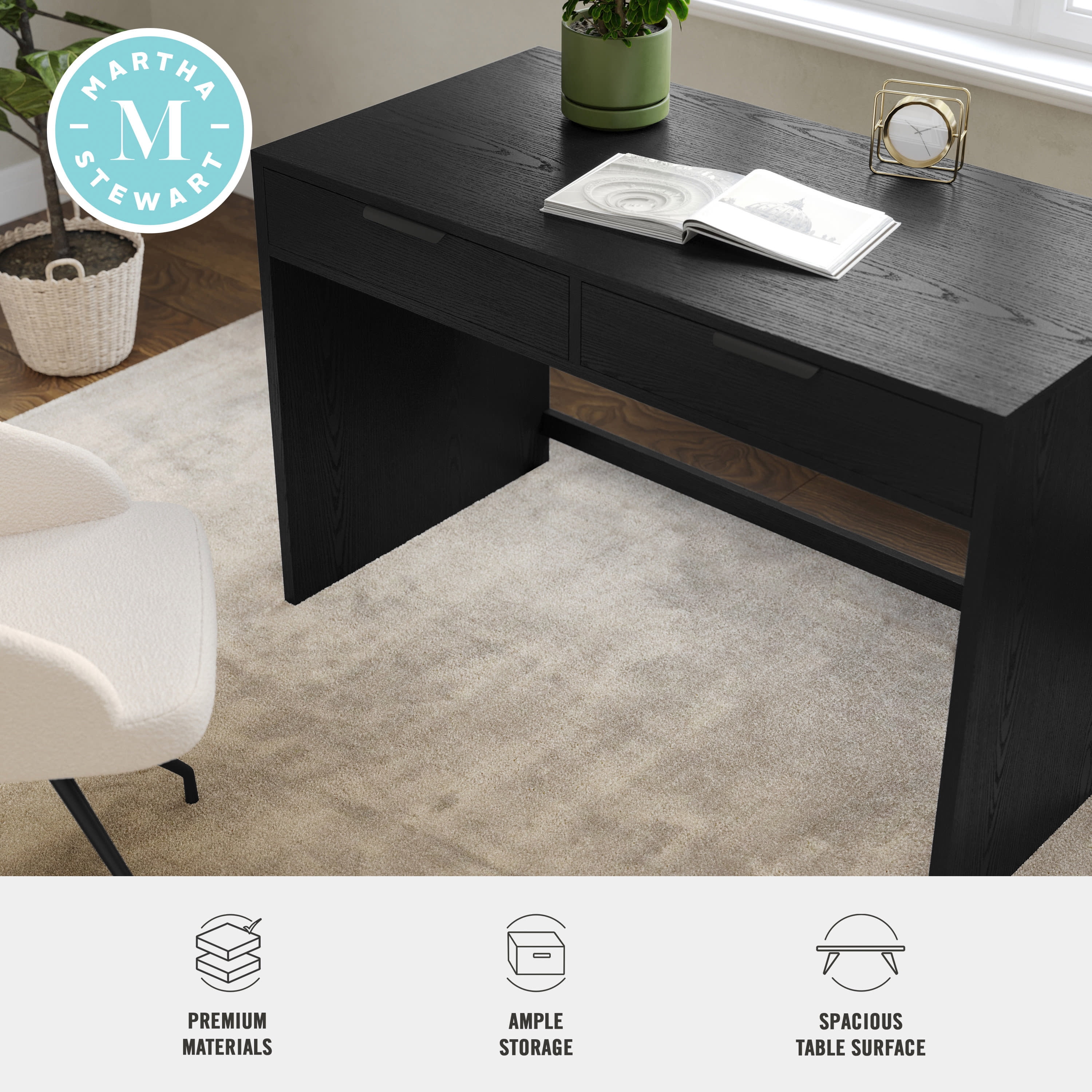 Martha Stewart Home Office Modular 2 Drawer Desk in Black with Oil Rubbed Bronze Hardware