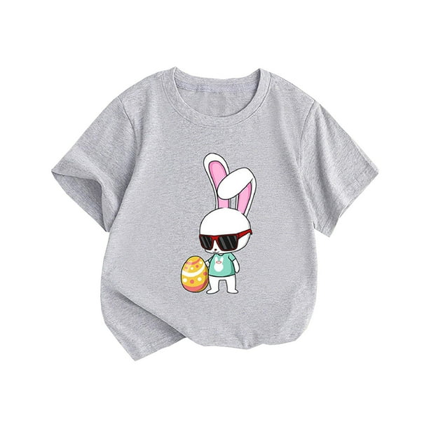 Gibobby Blusas Niñas Verano Nueva ropa para niños Estilo de Europa y Unidos Top de manga corta para niñas Camiseta con cuello redondo estampado de conejito de Pascua para niños (Gris, 3-4 Años)