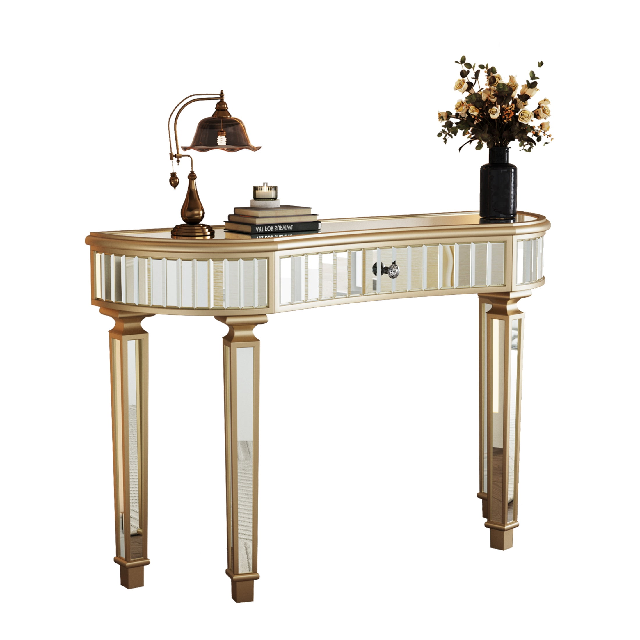 Atumcto 47" Fluted Mirrored Console Table with Drawer, Gold Finish Narrow Accent Sofa Table for Entryway, Living Room