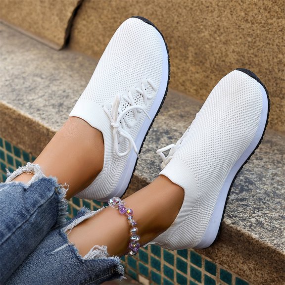 Domuza Unisex Breathable Hollow Fly Knit Sneakers, Sock Slip On Lace Up Lightweight Flexible Casual Walking Shoes with Two-Tone Non-Slip Outsole White 10(EU-43)