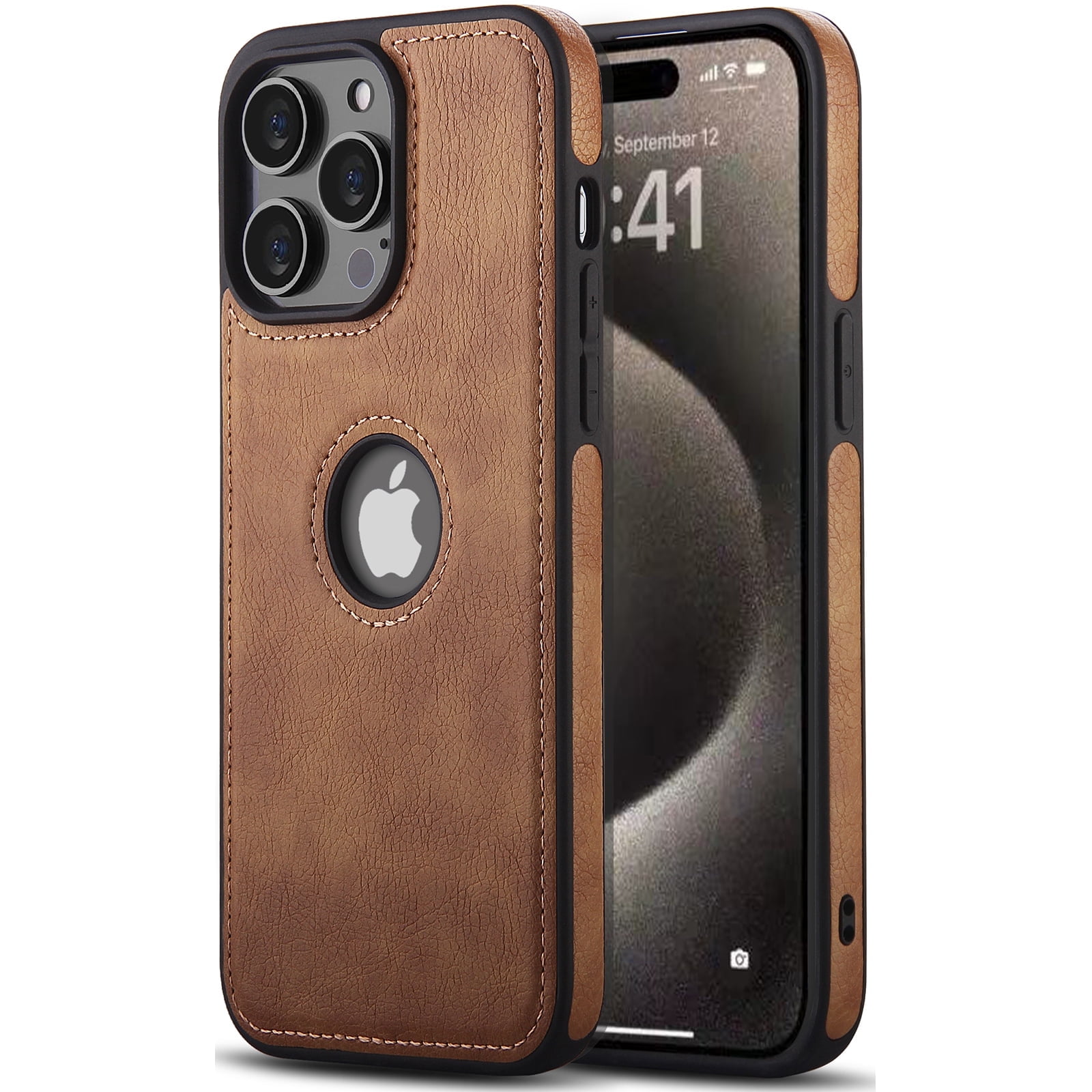AIOVETEAB Compatible with iPhone 15 Pro Max Case Premium Leather TPU Hybrid Case Cover,Brown