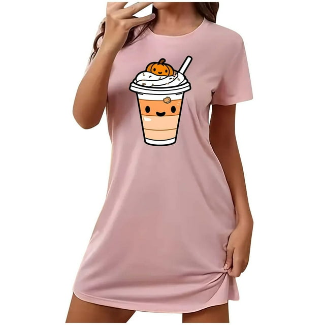Tnhcen Vêtements de Nuit d'Halloween Cool Grande Taille Robe à Manches Courtes Imprimé Dessin Animé Col Rond Polyester Spandex Doux P-2TG pour Fêtes de Saison Chaude
