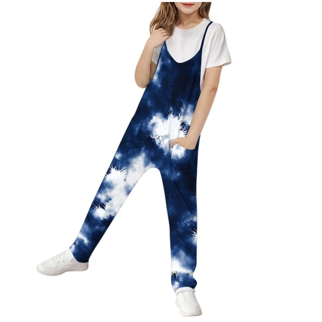 Posijego Girls Tie-Dye Jumpsuit Sleeveless Spaghetti Straps Long Rompers One-Piece Outfit Overalls with Pockets