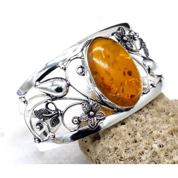 Baltic Amber Gemstone 925 Sterling Silver Handmade Jewelry Cuff Bracelet Siz-ADJ