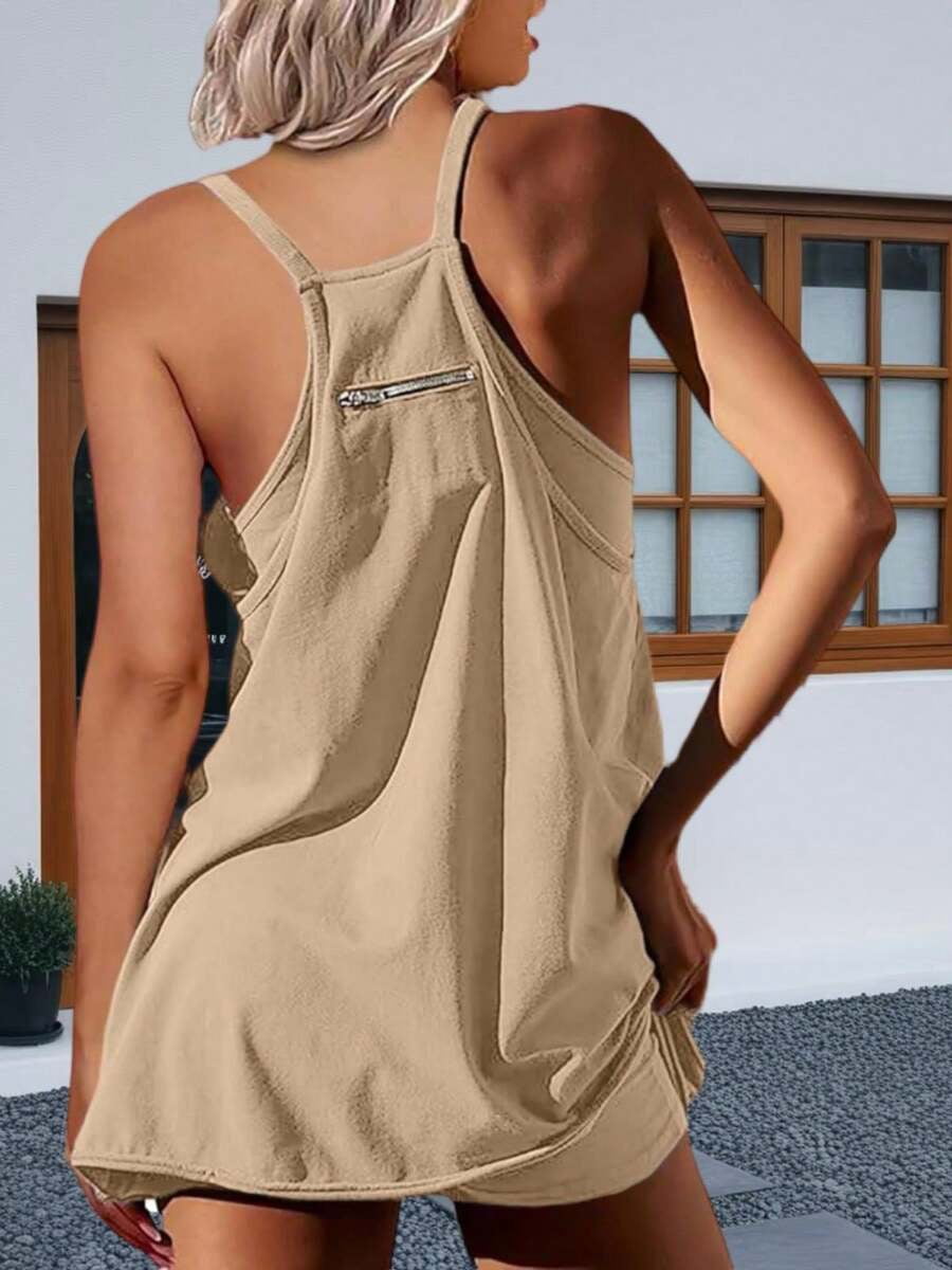 Khaki Womens Sleeveless Athletic Tennis Mini Dress With Pockets For Workout And Summer