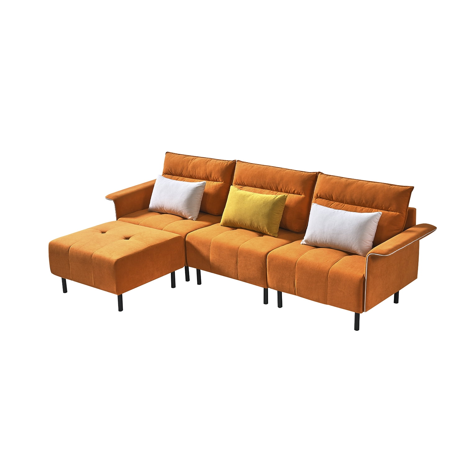 Kadyn L-Shaped Sectional Sofa, Suede Sectional Couch with Removeable Ottoman and 3 Pillows, Modern Suede Upholstered Sofa for Apartment, Orange Kadyn L-Shaped Sectional Sofa, Suede Sectional Couch with Removeable Ottoman and 3 Pillows, Modern Suede Upholstered Sofa for Apartment, Orange