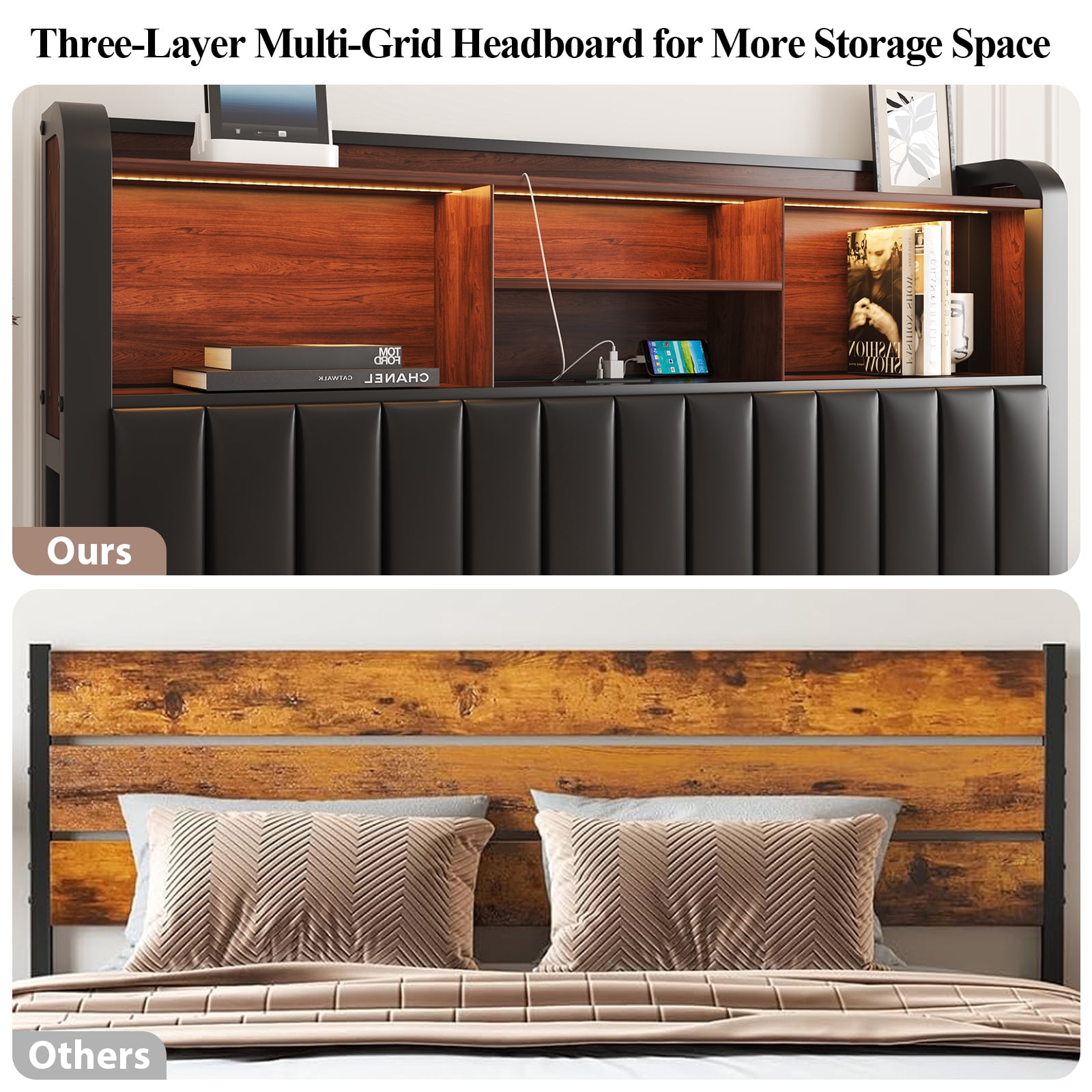 Full Bed Frame with LED Lights, Charging Station , Tall Storage Headboard