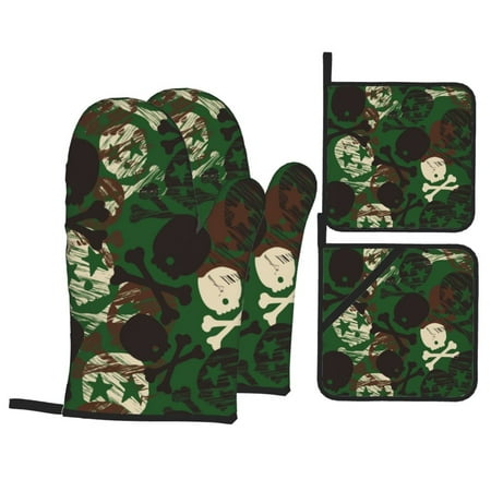 

Oven Mitts and Pot Holders 4 pcs Set Camouflage Skull Heat Resistant Pot Holders Oven Mitts for kitchen Non-Slip Hanging Loop Oven Glove Potholders for Baking Cooking