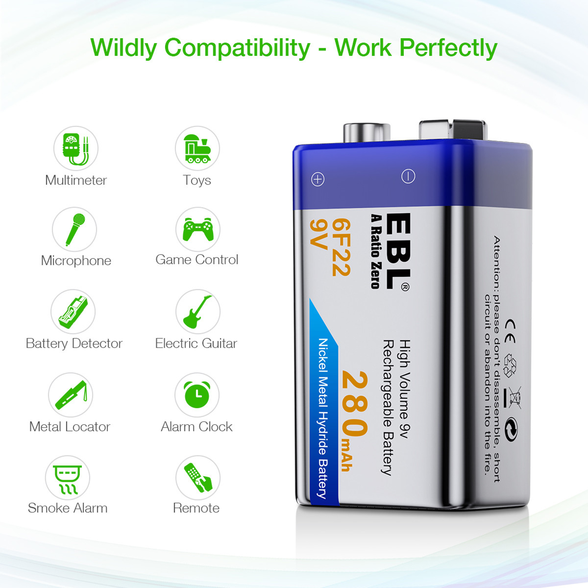EBL 9V Rechargeable Batteries NiMH 280mAh 9 Volt Battery  10Packs