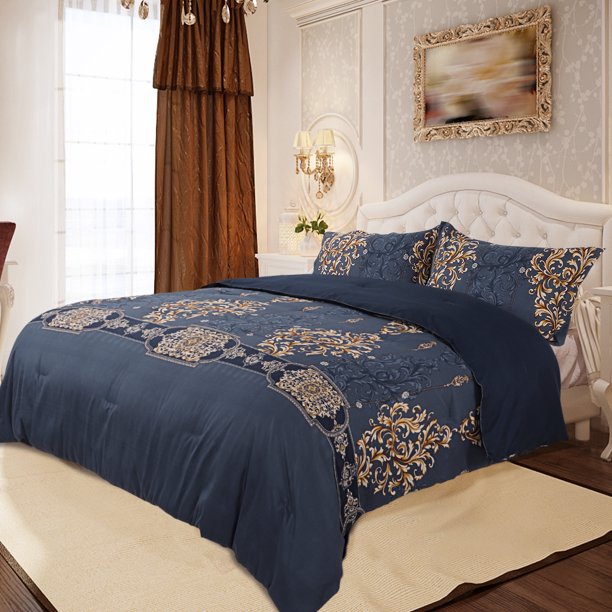 Piccocasa 3PC All Season Floral Bedding Comforter Set Cal King Navy
