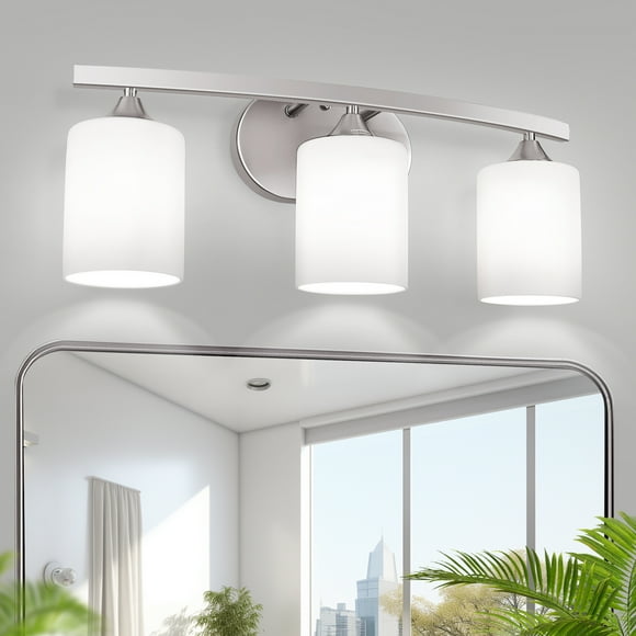 3-Light Bathroom Light Fixture with Milk Glass Shades ,YANSUN Modern Stylish Vanity Lighting Fixtures For Bathroom,Chrome and White