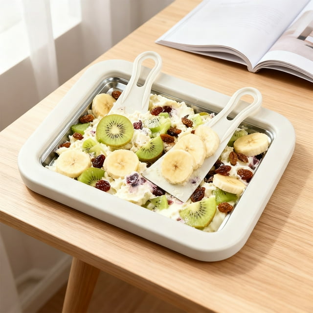 Ensemble de Machine à Crème Glacée Roulée pour la Maison, Plaque de Congélation Instantanée avec 2 Grattoirs, Plateau de Crème Glacée Maison Bricolage en Acier Inoxydable de Qualité Alimentaire, Yogourt, Sorbet, Activité Familiale Amusante, Machine de Friture à Froid