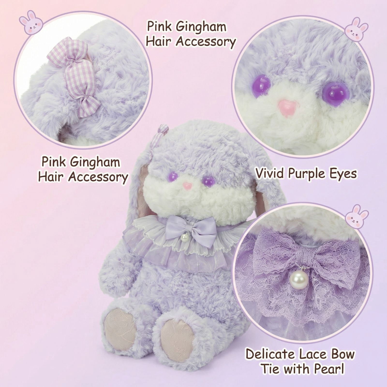 Jollyzo Adorable Bunny Plush Toys with Lace Collar – Soft Rabbit Stuffed Animals with Floppy Ears, Ideal for Easter Gifts, Nursery Decor, and Kids' Snuggles