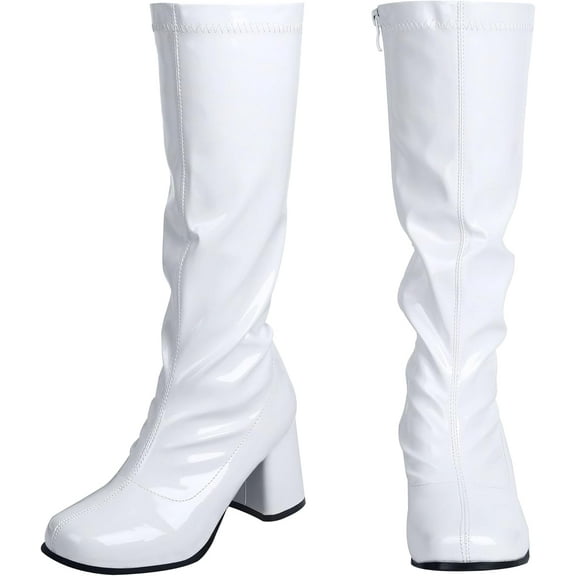 WQBLQH 60s 70s Women's Go Go Boots, Knee Block Heel Zipper Boot, Heel Knee High Boots for Cospla, Disco, Evening Part White 7