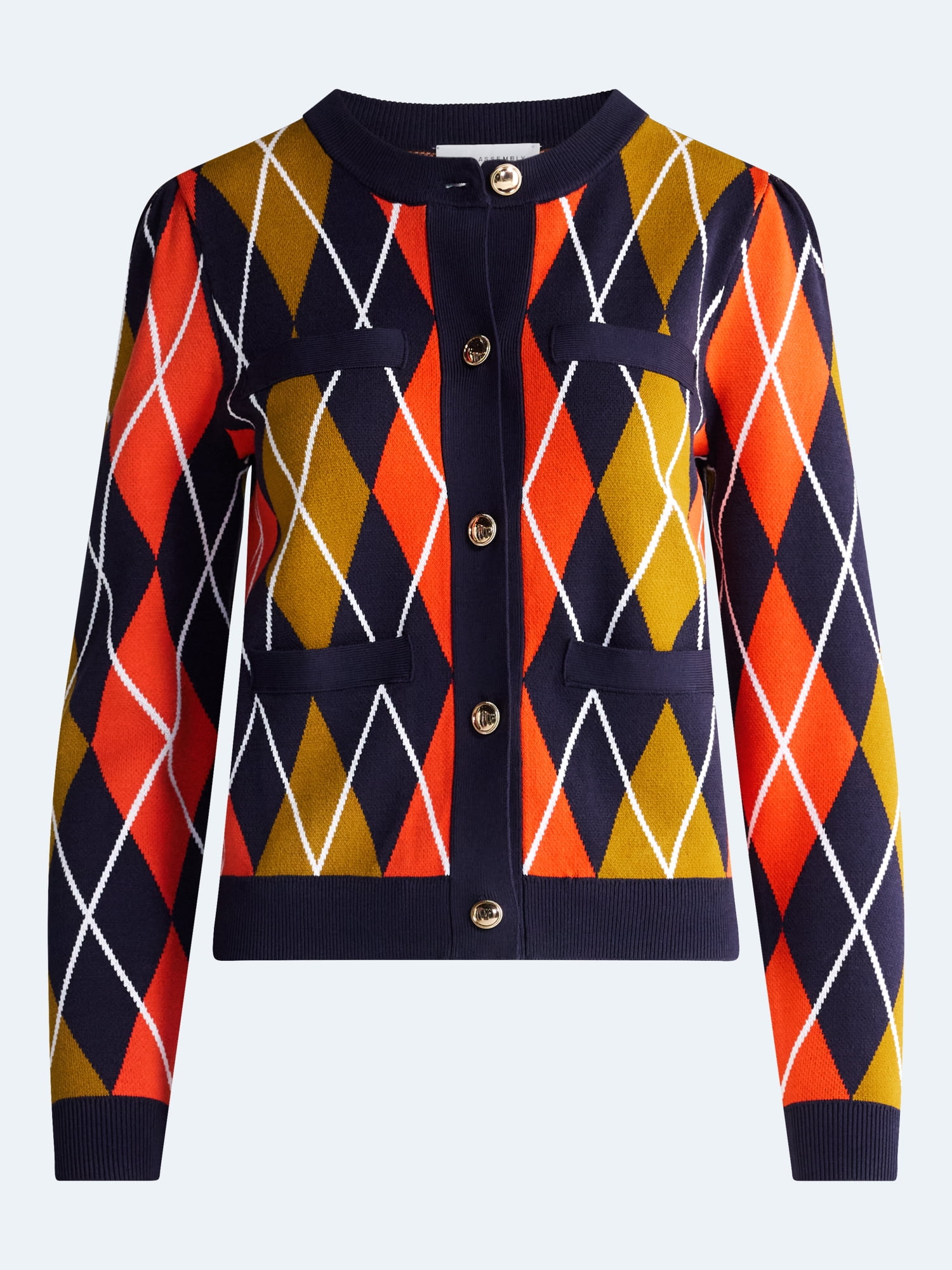 Free Assembly Women's and Women's Plus Argyle Cardigan Sweater with Puff Sleeves, Midweight, Sizes XS-4X