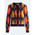 thumbnail image 6 of Free Assembly Women's and Women's Plus Argyle Cardigan Sweater with Puff Sleeves, Midweight, Sizes XS-4X, 6 of 7