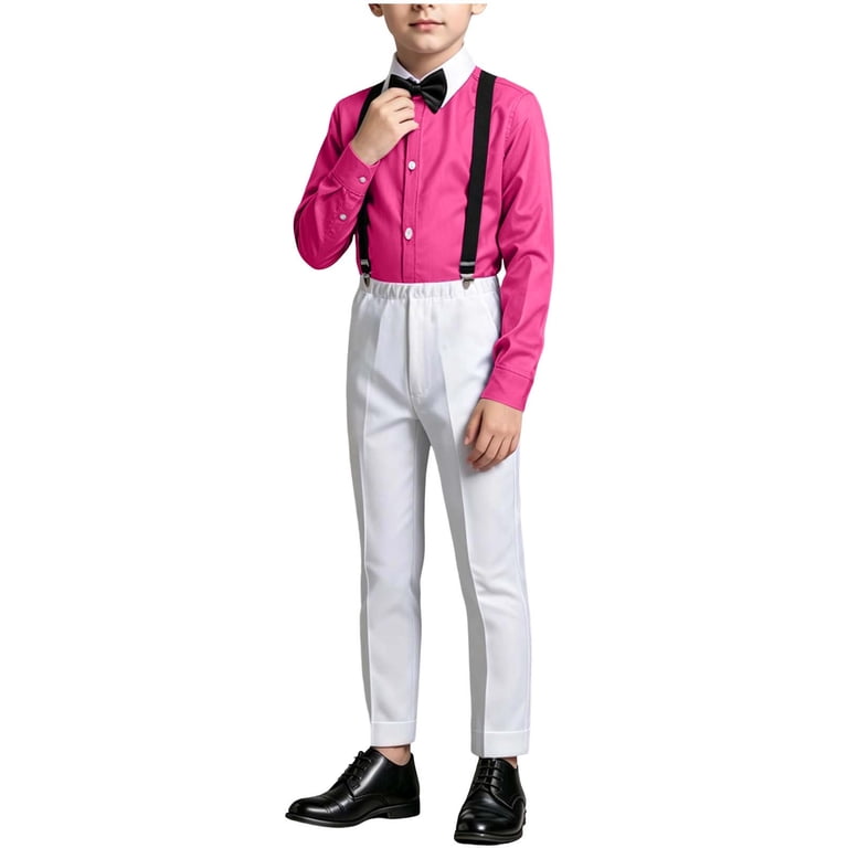 Oelaio Boys Dress Pants Suit Set with Long Sleeve Shirt Bowtie and Suspender Pants 3 Piece Ring Bearer Outfit Wedding School Homecoming Formal Clothes