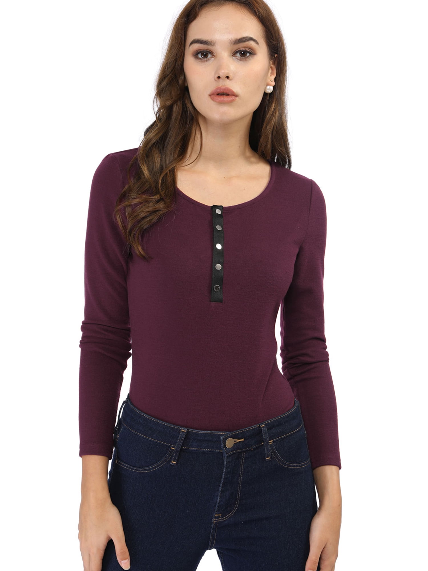 Unique Bargains - Women Long Sleeve Henley Neck Button Knit Top ...