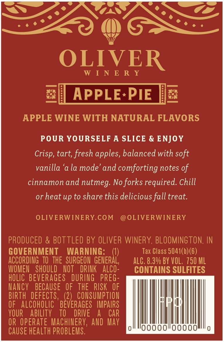 Oliver Apple Pie Wine, Indiana, 8.3% ABV, 750ml Glass Bottle