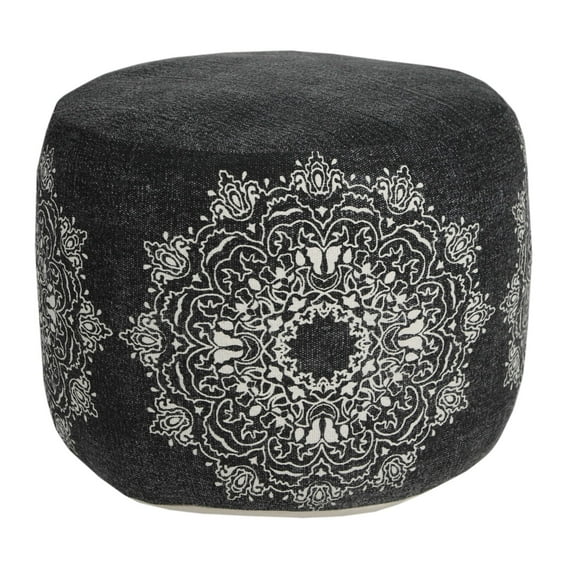 Laddha Home Designs 18" Black and White Mandala Medallion Round Pouf Ottoman