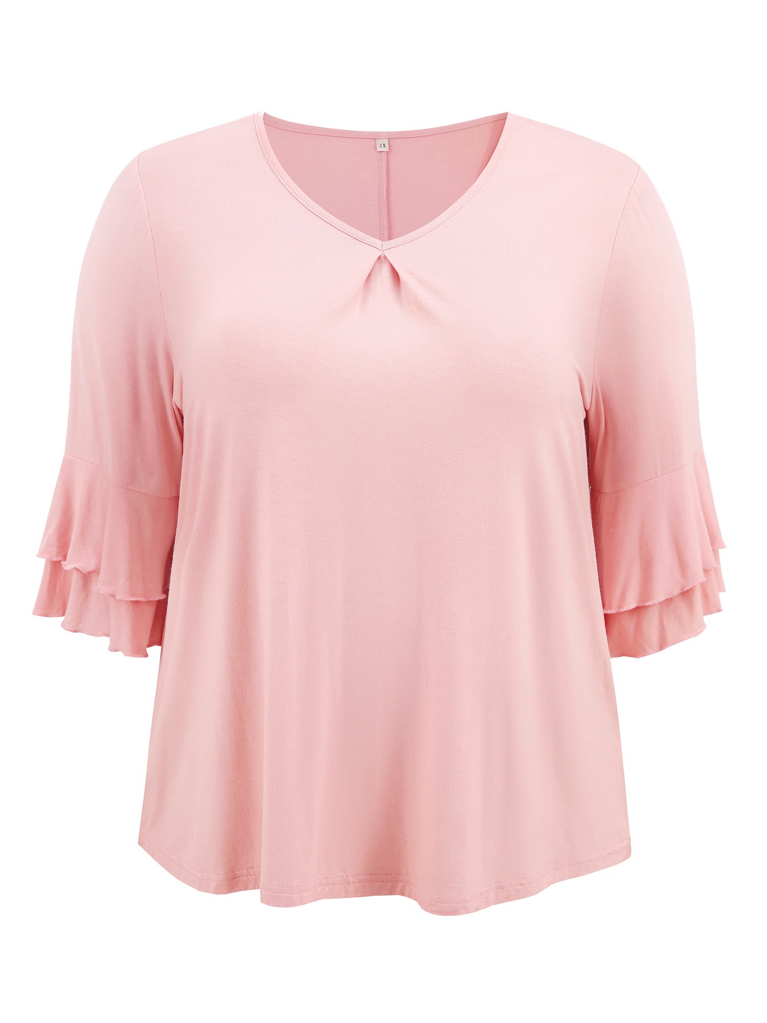 DARING DIVA Women's Plus V Neck Ruffle 3/4 Sleeve Pleated Front Casual Blouse 2X Pink