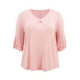 thumbnail image 4 of DARING DIVA Women's Plus V Neck Ruffle 3/4 Sleeve Pleated Front Casual Blouse 1X Pink, 4 of 5