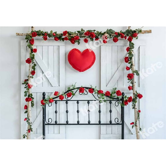 Kate 10x10ft Valentine's Day Headboard Backdrops for Wedding Red Rose Love Heart White Wall Door Decorations Background Photo Studio