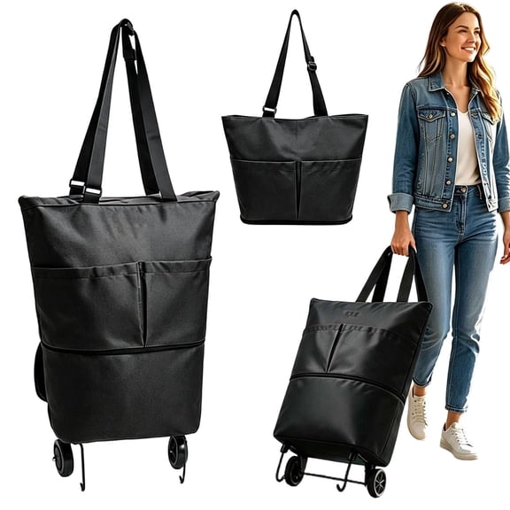 2-In-1 Foldable Rolling Cart for Grocery Shopping, Black Portable Tote Trolley with Collapsible Frame Smooth Wheels, Space-Saving Travel Cart for Market, Small Size
