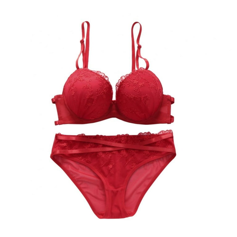 Xmarks Women's 2 Piece Floral Lace Lingerie Set with Garter Belts Sexy Bra  and Panty Red 75B/34B 