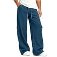 thumbnail image 3 of Men's Cargo Wide Leg Sweatpants with Pockets Classic Drawstring Waist Loose Straight Trousers, Soft Knit Casual Daily Sports Pants Blue L, 3 of 8