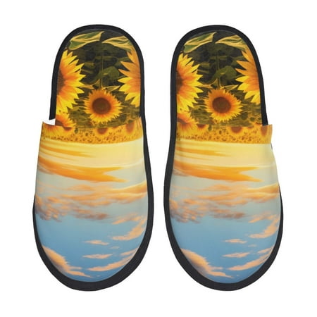 Balery Beautiful Golden Sunflower Field Slient Indoor Furry Fleece Comfort House Shoes Soft Non-Slip Home Shoes Cotton slippers House Slippers-- Medium