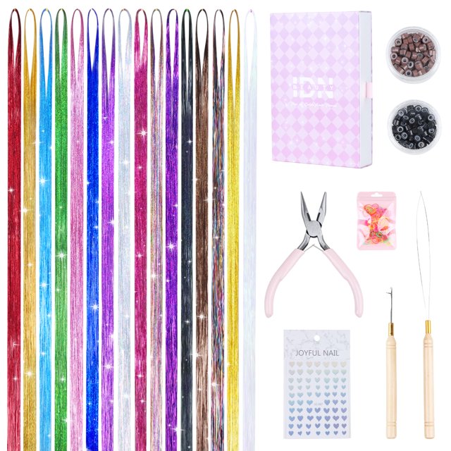 Kit de oropel IDN BEAUTY, 16 colores, extensiones de cabello de 120 cm