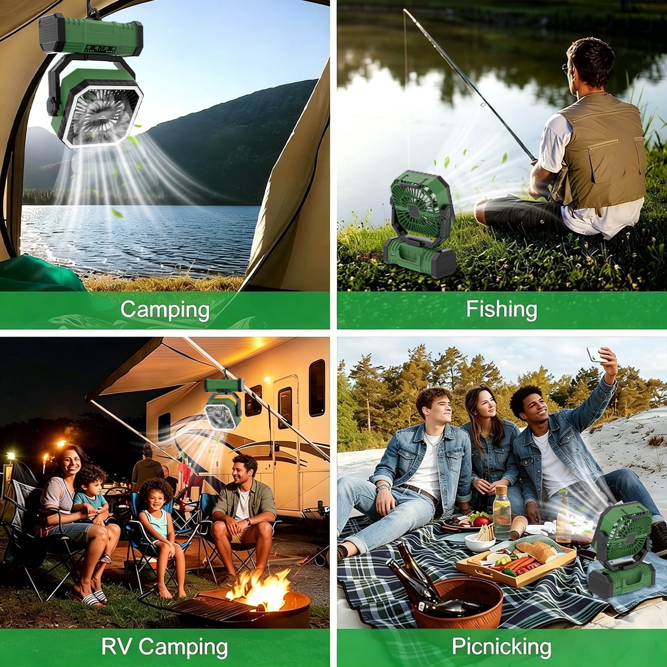 SuperRGB Portable Camping Fan, 20000mAh Rechargeable Battery Operated Fan with LED Light & Remote, 4 Speeds, Timer & Hanging Hook for Tent, Outdoor, Travel, Emergency, Green