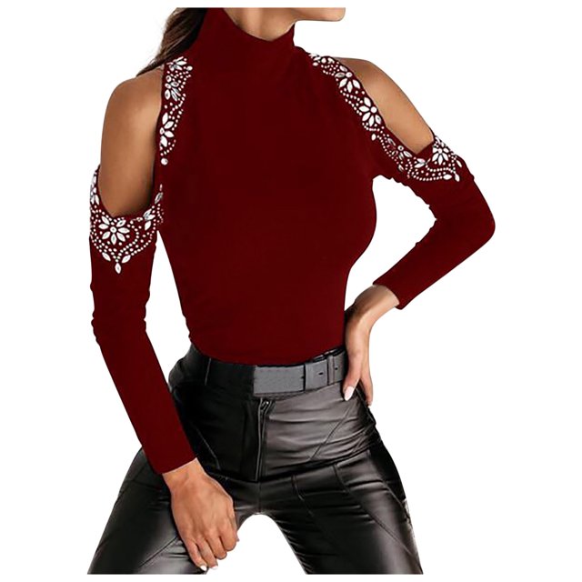 Chemise à Manches Longues Unie pour Femmes avec Col Roulé et Strass