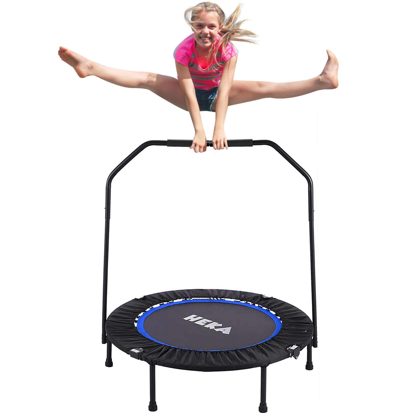 Giantex Mini Trampoline Max Load 330LBS Indoor Oval Rebounder Exercise Trampoline for Adult 2 Persons Foldable Fitness Trampoline w/ 5 Levels Height Adjustable Handle Kid Enjoy Parent-Child Time 