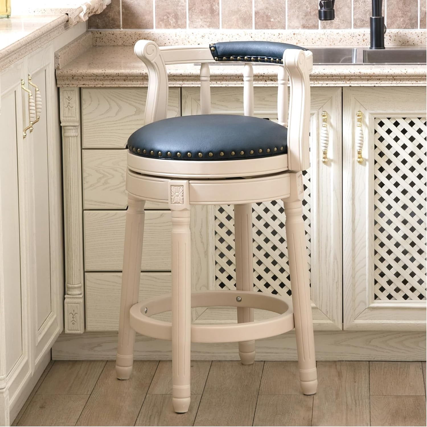 Aulife Bar Stools Genuine Leather Counter Height barstool Wooden Swivel kitchen Stool with Footrest for Kitchen Dining Room(ivory frame-Navy seat, Counter-26" seat height)