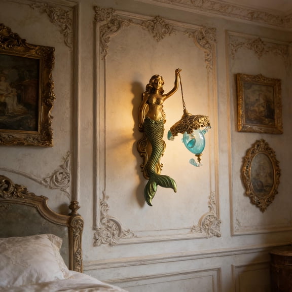 Mermaid Wall Lamp,Retro Mermaid Wall Sconce,8 Inch Frosted Crystal Lantern,Vintage Ocean-Themed Night Light for Bedroom, Living Room, Bathroom, Coastal and Fantasy Decor