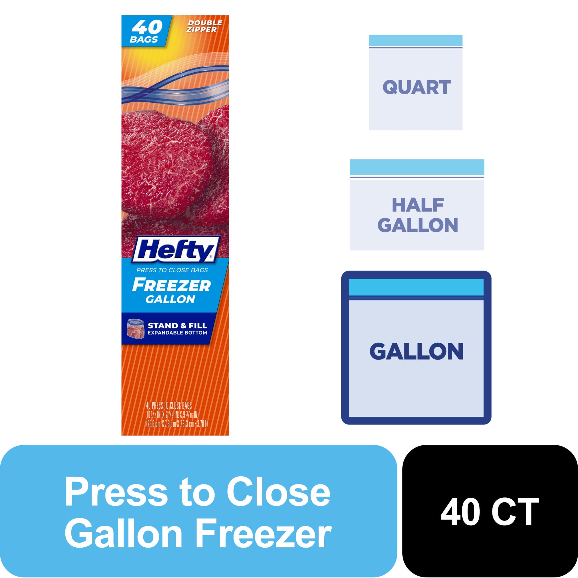 (9 pack) Hefty Press to Close Gallon Freezer Bags, 40 Count