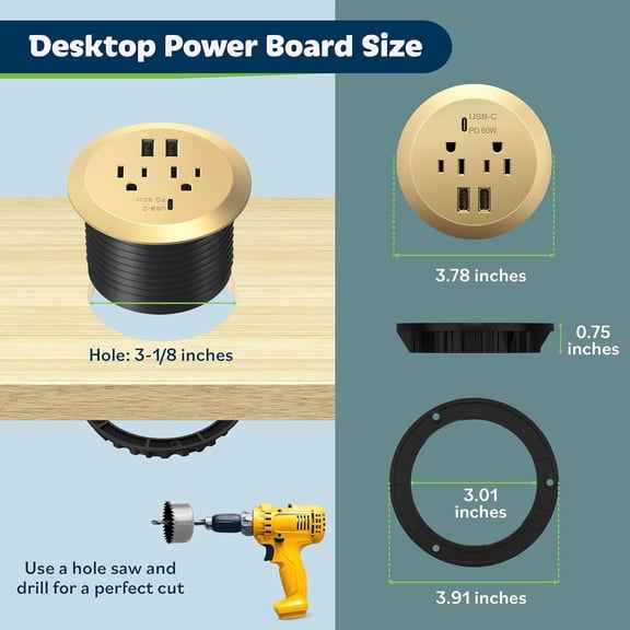GaN Desk Grommet with 65W PD for MacBook, Desktop Power Grommet with 1 Fast Charging USB-C Port, 2 USB-A Ports and Duplex Receptacles, TTRP48APD60-GD, Gold