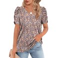thumbnail image 1 of Top con cuello en V para mujer, mangas cortas abombadas, ribete plisado, ajuste holgado, camiseta informal de verano con estampado Floral colorido XXL, 1 of 2