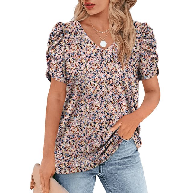 Top con cuello en V para mujer, mangas cortas abombadas, ribete plisado, ajuste holgado, camiseta informal de verano con estampado Floral colorido XXL