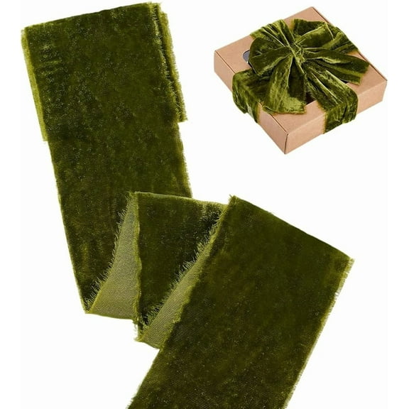 3 inch Olive Green Velvet Ribbon 3 Yards Raw Ribbons Rustic Style Fringe Gift Ribbon Frayed Boho Ribbons