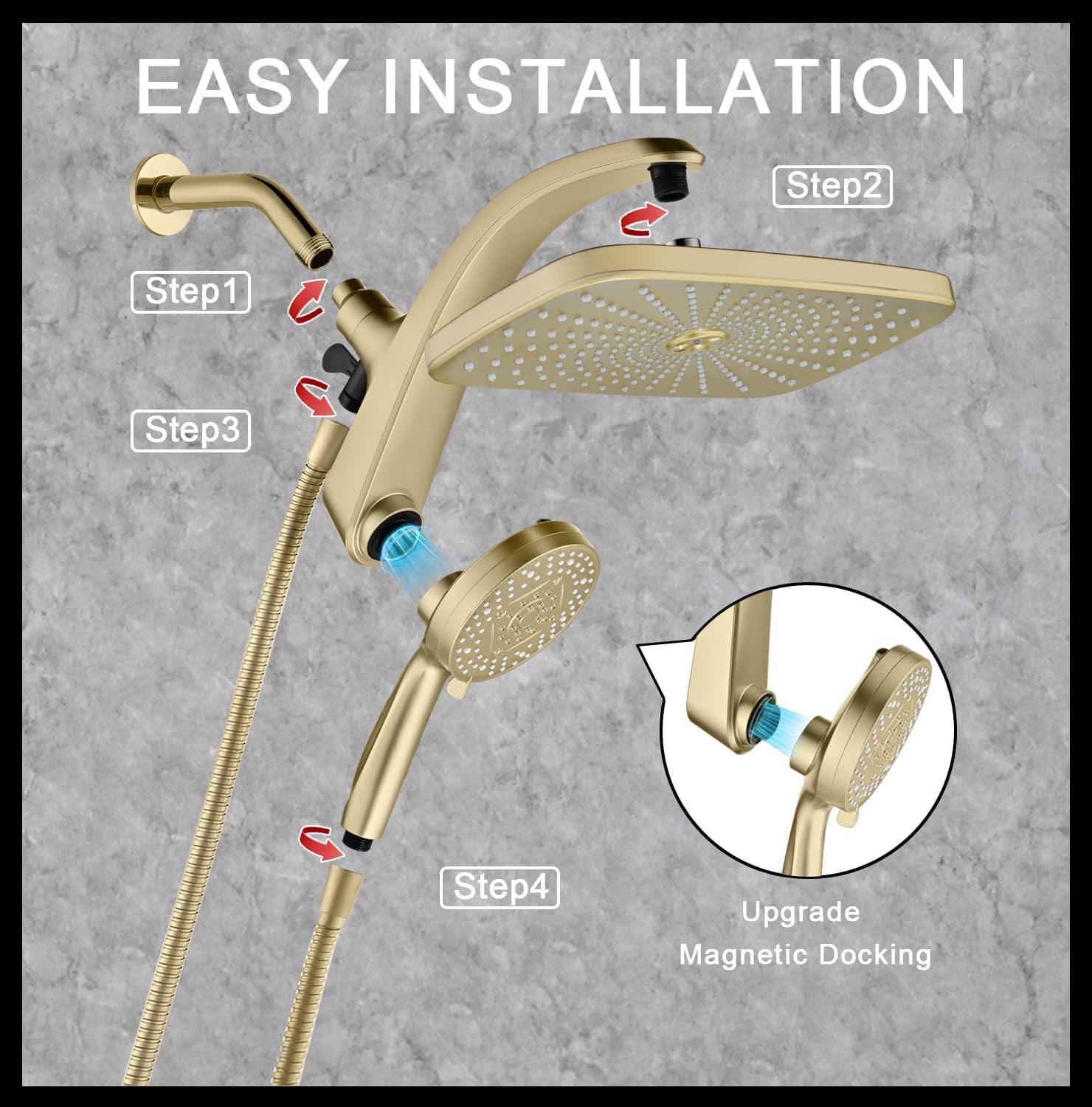 Upgrade Shower Heads with Handheld Spray Combo: High Pressure Rain Shower Head with Fixed Showerhead and 10 Sprays Handheld Shower Head, Detachable Shower head with Built-in Magnetic Docking and Powe