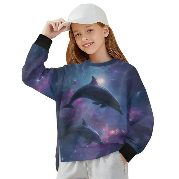Xoenoiee Galaxy Dolphin Print Girls Oversized Sweatshirts Crewneck Sweaters Drop Shoulder Long Sleeve Side Slit Pullover Jumper Lightweight Tunic Top, 5-6 Years