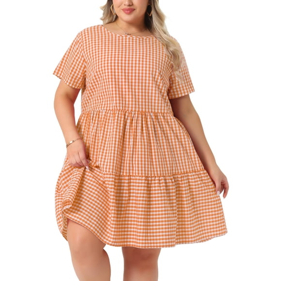 Agnes Orinda Women's Plus Size Gingham Dresses 1950s Vintage Tiered Crew Neck Short Sleeve Summer Casual Midi Plaid Dress 2X Orange