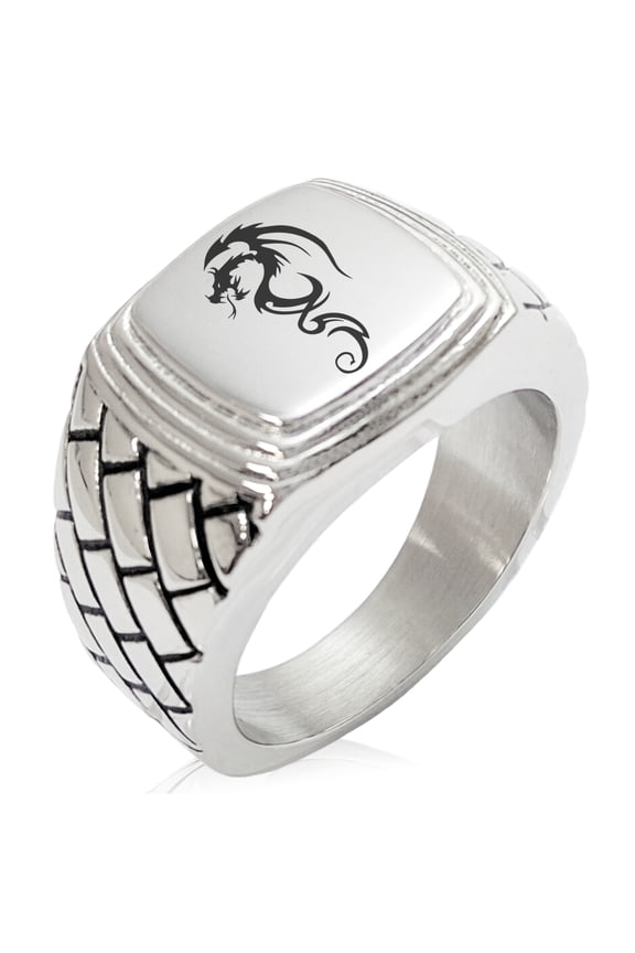 Stainless Steel Shadow Dragon Geometric Pattern Step-Down Biker Style Polished Ring