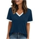 thumbnail image 2 of Tops para salir,Camiseta holgada informal con cuello en V para mujer, blusa de manga corta con patchwork, poliéster, corte cómodo, uso diario, sopatenor, 2 of 8