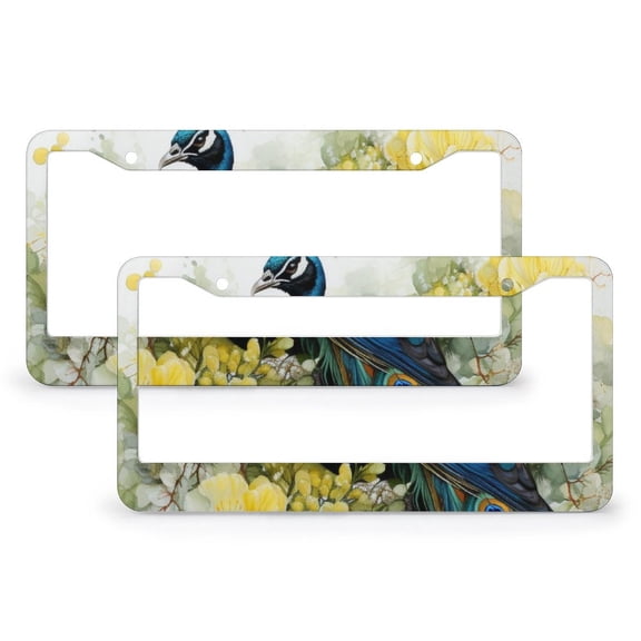 Peacock Flowers Watercolor License Plate Cover 2 Pieces Vintage Peacock License Plate Cover Frame for Women Men Auto Decoration Hardware 2 Holes Aluminum License Plate Frames