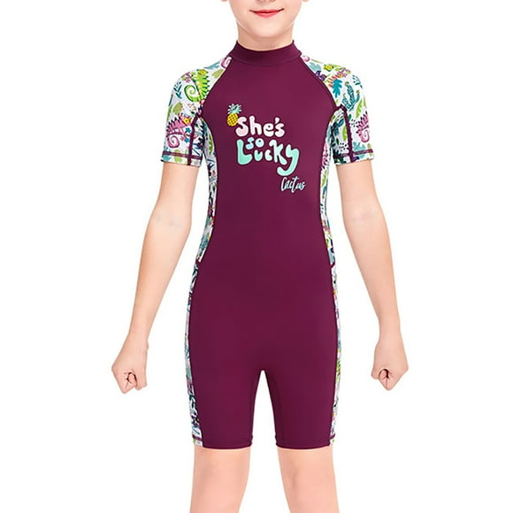 DIVE SAIL Wet Suit Girls Quick Dry Shorty Swimsuit Kids Short Sleeve Round Neck Full Body Wetsuit for Surfing Swimming Diving Purple L