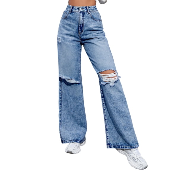 LWavelet Womens Ripped Wide Leg Jeans High Waisted Daily Casual Denim Pants Dark Blue M